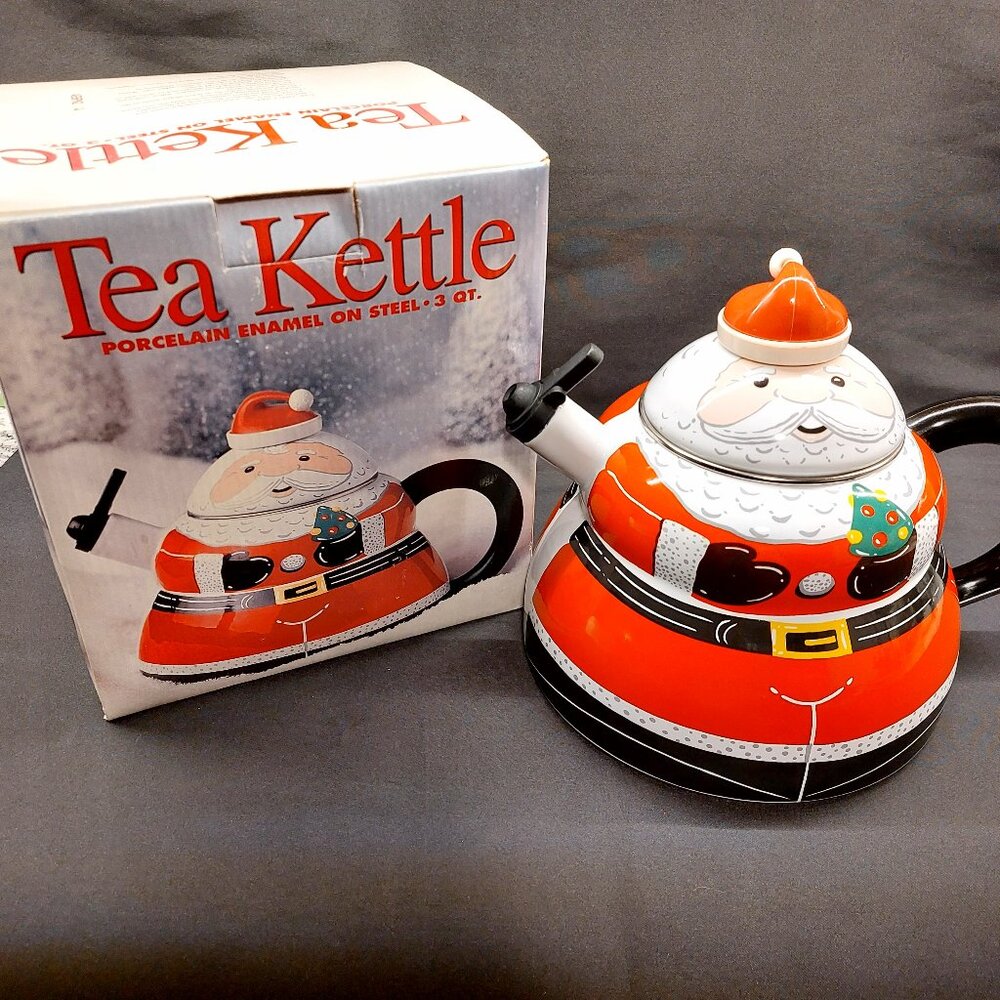 Vintage Roshco Santa Claus Porcelain Enamel on Steel 3-Quart Tea Kettle